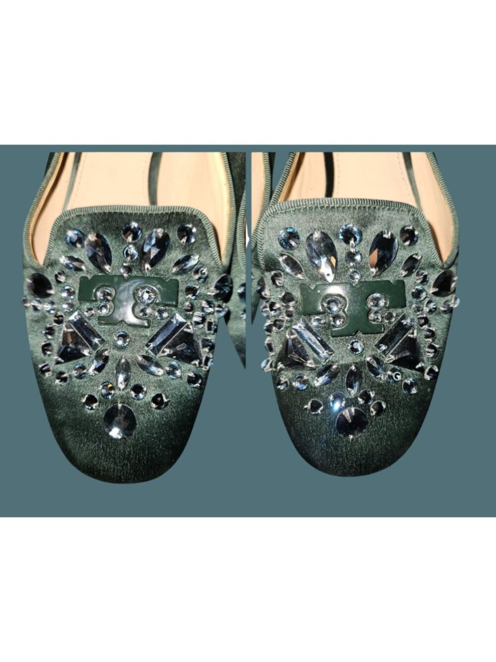 Tory Burch Green Satin Delphine T Logo Embellished Ballet Flats Size 8M - Picture 12 of 14